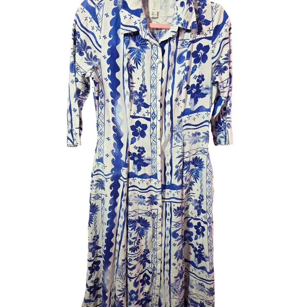 Joie Blue White Linen Rayon Floral Batik Midi Shirt Dress Small - Picture 6 of 11